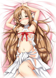 Rule 34 | 10s, 1girl, arm up, armpits, arms up, asuna (sao), blush, breasts, brown eyes, brown hair, crop top, ear covers, elf, full-face blush, highres, long hair, lying, midriff, navel, on back, pointy ears, see-through, solo, sword art online, titania (sao), tjk, yellow eyes, yopparai oni