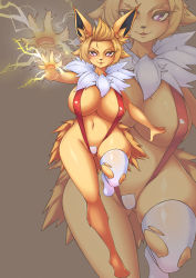 Rule 34 | 1girl, :3, absurdres, animal ear fluff, animal ears, animal feet, animal hands, animal nose, arm up, blonde hair, blush, body fur, boingfarm, breasts, bright pupils, creatures (company), electricity, electrokinesis, feet, female focus, forehead, forked eyebrows, full body, furry, furry female, game freak, gen 1 pokemon, gluteal fold, hair flaps, happy, highres, huge breasts, jolteon, leg up, light blush, looking at viewer, maebari, navel, neck fur, nintendo, one-piece swimsuit, open mouth, pawpads, personification, pokemon, pokemon (creature), purple eyes, red one-piece swimsuit, shiny clothes, shiny skin, short hair, sidelocks, single thighhigh, skindentation, slingshot swimsuit, smile, solo, spread fingers, standing, standing on one leg, stomach, swimsuit, thighhighs, torn clothes, torn thighhighs, two-tone fur, v-shaped eyebrows, white fur, white pupils, white thighhighs, wide hips, yellow fur, zoom layer
