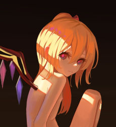 Rule 34 | 1girl, absurdres, blonde hair, bright pupils, brown background, closed mouth, completely nude, crystal, expressionless, eyebrows hidden by hair, flandre scarlet, flat chest, from side, hair between eyes, highres, iranon (new iranon), knee up, looking at viewer, medium hair, nipples, no headwear, nude, one side up, pink eyes, simple background, sitting, solo, touhou, wings