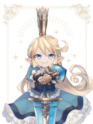 Rule 34 | &gt;:), 1girl, bad id, bad twitter id, blonde hair, blue dress, blue eyes, blush, charlotta (granblue fantasy), closed mouth, commentary request, crown, dress, frilled dress, frills, gauntlets, granblue fantasy, hair between eyes, hands on hilt, harvin, katagiri (mighty swing), long hair, mini crown, pointy ears, puffy short sleeves, puffy sleeves, shield, short sleeves, smile, smug, solo, sparkle, sword, v-shaped eyebrows, very long hair, weapon