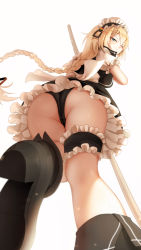 Rule 34 | 1girl, absurdres, apron, ass, black footwear, black panties, blonde hair, blue eyes, boots, braid, braided bangs, breasts, bridal garter, commentary request, dress, frills, from below, g36 (girls&#039; frontline), girls&#039; frontline, hair between eyes, highres, holding, long hair, looking at viewer, maid, maid headdress, medium breasts, one eye closed, panties, pantyshot, partial commentary, sidelocks, solo, thighs, underwear, upskirt, very long hair, wo you yibei jia wanli