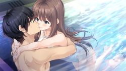 Rule 34 | 1boy, 1girl, arms around neck, arms around waist, bare arms, barefoot, black eyes, black hair, blush, brown hair, casual one-piece swimsuit, closed mouth, collarbone, couple, eye contact, fuyu kiss, game cg, hetero, hug, imminent kiss, indoors, long hair, looking at another, one-piece swimsuit, pool, shinomiya touka, short hair, soles, sparkle, straight hair, swimsuit, takigawa issei, unasaka ryou, very long hair, white one-piece swimsuit