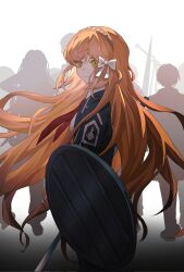 Rule 34 | 1girl, arm shield, black jacket, bow, brown hairband, calasile, closed mouth, cowboy shot, hair bow, hairband, highres, ishmael (project moon), jacket, limbus company, long hair, long sleeves, looking at viewer, necktie, orange hair, project moon, red necktie, rope, solo, very long hair, white bow