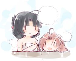 Rule 34 | 10s, 2girls, :d, ahoge, alternate hairstyle, bare shoulders, black hair, brown hair, closed mouth, folded ponytail, kantai collection, kenoka, multiple girls, naked towel, open mouth, ponytail, short hair, shouhou (kancolle), smile, towel, aged down, zuihou (kancolle), | |, || ||