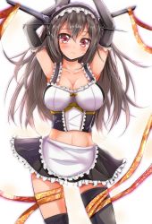 Rule 34 | 10s, 1girl, alternate costume, armpits, arms up, black gloves, black hair, black thighhighs, blush, breasts, choker, cleavage, collarbone, elbow gloves, enmaided, gloves, headgear, highres, kantai collection, large breasts, looking at viewer, maid, midriff, nagato (kancolle), navel, pink eyes, ribbon, skirt, solo, thighhighs, velia