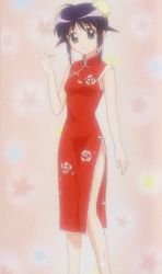 Rule 34 | 1girl, andou mahoro, bishie sparkle, bun cover, china dress, chinese clothes, dot nose, double bun, dress, hair bun, looking at viewer, mahoromatic, open mouth, screencap, side slit, solo, sparkle, standing, stitched, third-party edit