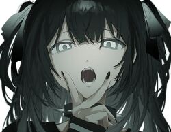 Rule 34 | 1girl, black hair, black nails, collar, fangs, grey eyes, hair ribbon, highres, long hair, looking at viewer, nail polish, open mouth, original, portrait, ribbon, simple background, sleeves past wrists, solo, spiked collar, spikes, teeth, two side up, v, v over mouth, white background, xoxzxox