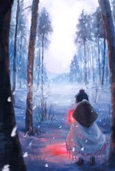 Rule 34 | 1girl, black hair, brown footwear, commentary request, dress, fjsmu, forest, from behind, hat, highres, holding, holding lantern, lantern, nature, outdoors, paper lantern, red hat, shameimaru aya, short hair, snowing, solo, standing, tokin hat, touhou, white dress, winter