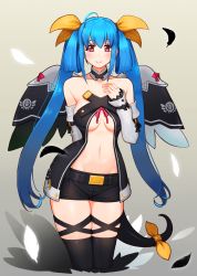Rule 34 | 1girl, angel wings, asymmetrical wings, bare shoulders, blue hair, detached sleeves, dizzy (guilty gear), feathers, guilty gear, guilty gear vastedge xt, hand on own chest, highres, k1 (erin22), long hair, midriff, navel, pale skin, ribbon, short shorts, shorts, stomach, twintails, wings, yellow ribbon