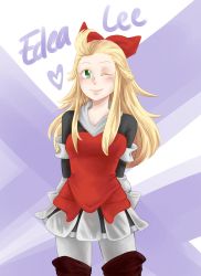 Rule 34 | 1girl, armor, arms behind back, blonde hair, boots, bow, bravely default: flying fairy, bravely default (series), breasts, character name, drawfag, edea lee, faulds, green eyes, grey pantyhose, hair bow, highres, knee boots, long hair, pantyhose, solo