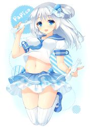 Rule 34 | 1girl, :d, blue eyes, blue footwear, blue nails, blue necktie, breasts, crop top, crop top overhang, food, highres, impossible clothes, impossible shirt, layered skirt, long hair, midriff, miko (royal milk), nail polish, navel, necktie, open mouth, original, papico (ice cream), school uniform, see-through, serafuku, shiny skin, shirt, shoes, skirt, smile, solo, stomach, thigh gap, thighhighs, white background, white hair, white thighhighs