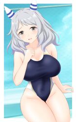Rule 34 | 1girl, alternate costume, animal ears, blue one-piece swimsuit, border, breasts, cleavage, commentary request, competition swimsuit, cowboy shot, ear covers, grey eyes, gurukorian, highleg, highleg swimsuit, highres, hishi miracle (umamusume), horse ears, horse girl, large breasts, light blush, looking at viewer, medium hair, nervous, one-piece swimsuit, open mouth, poolside, solo, swimsuit, umamusume, white border