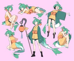 Rule 34 | 1girl, :d, azuumori, barefoot, bike shorts under skirt, black footwear, boots, bow, closed eyes, fins, fish girl, fish tail, full body, highres, holding, holding staff, koi, multiple views, open mouth, original, shorts, smile, staff, standing, tail, waist bow, yellow eyes