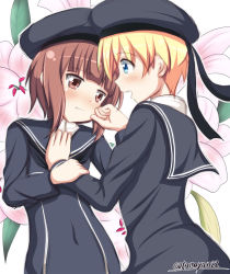 Rule 34 | 10s, 2girls, black hair, blonde hair, blue eyes, brown hair, covered navel, eye contact, flower, hat, highres, kantai collection, looking at another, multiple girls, open mouth, sailor hat, short hair, smile, tamayan, yuri, z1 leberecht maass (kancolle), z3 max schultz (kancolle)