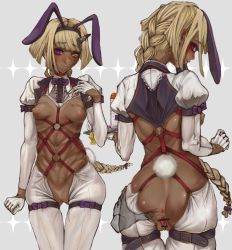 Rule 34 | 1girl, abs, animal ears, anus, ass, blonde hair, breasts, bunny outfit, censored, cleft of venus, dark-skinned female, dark skin, detached sleeves, disembodied hand, female focus, gloves, heterochromia, highres, horns, meme attire, ponytail, pussy, rabbit ears, rabbit tail, reverse bunnysuit, reverse outfit, rustycork, scar, single horn, solo, spread ass, tail