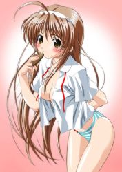 Rule 34 | 1girl, ahoge, blouse, blue panties, blush, bottomless, bow, bow panties, breasts, brown eyes, brown hair, candy, chocolate, chocolate heart, cleavage, covered erect nipples, food, hairband, heart, higuchi isami, leaning forward, long hair, no bra, no pants, non-web source, open clothes, open shirt, panties, ribbon, shirt, solo, standing, striped clothes, striped panties, underwear, undressing, valentine, very long hair, yellow eyes