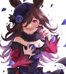 Rule 34 | 1girl, animal ears, black bow, blue flower, blue rose, bow, breasts, brown hair, commentary request, crying, crying with eyes open, dress, falling petals, flower, hair ornament, hair over one eye, hand on own chest, highres, horse ears, horse girl, long hair, long sleeves, off-shoulder dress, off shoulder, open mouth, petals, ponzu (rrrritisu), purple dress, purple eyes, purple headwear, rice shower (umamusume), rose, rose petals, simple background, small breasts, smile, solo, tears, teeth, tilted headwear, umamusume, upper teeth only, white background