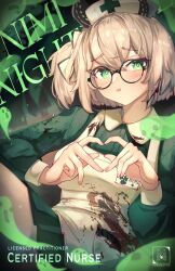 1girl animal_ears apron blood blood_on_clothes blush breasts dress glasses green_dress green_eyes hat heart heart_hands indie_virtual_youtuber koromay_ho large_breasts medium_hair nimi_nightmare nurse_cap one_side_up pout smile solo tapir_ears tapir_girl virtual_youtuber white_hat