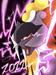 Rule 34 | 2022, absurdres, commentary request, creatures (company), electricity, energy, fangs, game freak, gen 2 pokemon, highres, legendary pokemon, nengajou, new year, nintendo, no humans, open mouth, pokemon, pokemon (creature), raikou, red eyes, sissel0104, solo, tongue, tusks
