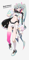 Rule 34 | 1girl, :d, absurdres, alternate costume, anniversary, aqua hair, asymmetrical legwear, barcode, belt, breasts, crop top, english text, fang, full body, gradient hair, gradient legwear, hair between eyes, hair ornament, hand on headphones, hand up, hatsune miku, headphones, headphones around neck, highleg, highres, hood, hood down, hooded jacket, jacket, kneehighs, long hair, long sleeves, midriff, multicolored footwear, multicolored hair, navel, open clothes, open jacket, open mouth, pink hair, pink thighhighs, puffy long sleeves, puffy sleeves, rsk (tbhono), shoes, short shorts, shorts, sidelocks, simple background, single kneehigh, single sock, single thighhigh, skindentation, sleeves past wrists, small breasts, smile, sneakers, socks, solo, standing, standing on one leg, stomach, strapless, tattoo, teeth, thighhighs, tube top, twintails, uneven legwear, upper teeth only, very long hair, vocaloid, white background, white footwear, white jacket, white shorts, white socks