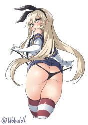 Rule 34 | 1girl, ass, black panties, blush, butt crack, clothes lift, cropped legs, ebifurya, elbow gloves, from behind, gloves, grey eyes, hair between eyes, hair ribbon, hairband, highres, kantai collection, light brown hair, long hair, looking at viewer, looking back, panties, panty lift, ribbon, shimakaze (kancolle), simple background, skirt, skirt lift, solo, strap lift, string panties, striped clothes, striped thighhighs, thighhighs, thighs, twitter username, underwear, very long hair, white background, white gloves
