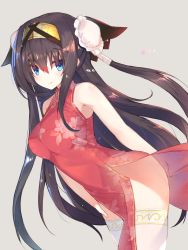 Rule 34 | 1girl, bare arms, blue eyes, breasts, brown hair, bun cover, china dress, chinese clothes, double bun, dress, floral print, hair between eyes, hair bun, hairband, highres, large breasts, leaning forward, long hair, red dress, rinne (sennen sensou aigis), sennen sensou aigis, side slit, simple background, smile, solo, thighhighs, turtleneck, very long hair, white thighhighs, yki