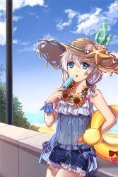 Rule 34 | 1girl, bare shoulders, blue eyes, blue sky, cloud, cloudy sky, dress, flower, food, hair between eyes, hat, highres, holding, holding food, honkai (series), honkai impact 3rd, innertube, looking at viewer, mywaffuru, navel, ocean, open mouth, outdoors, popsicle, sand, seashell, see-through, see-through dress, shell, shorts, sky, solo, starfish, straw hat, summer, summer uniform, sundress, sunflower, swim ring, theresa apocalypse, theresa apocalypse (valkyrie pledge), white hair