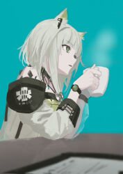 Rule 34 | 1girl, animal ear fluff, animal ears, arknights, blue background, blurry, cat ears, commentary, cup, depth of field, from side, green eyes, grey hair, highres, holding, holding cup, kal&#039;tsit (arknights), long sleeves, material growth, nekoreito, open clothes, open mouth, oripathy lesion (arknights), short hair, simple background, solo, steam, stethoscope, symbol-only commentary, table, upper body, watch, wristwatch