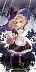 Rule 34 | 1girl, apron, arm up, basket, black dress, black footwear, black hat, blonde hair, bow, branch, bush, commentary request, dress, flask, frills, full body, gradient background, grey background, hair between eyes, hand on headwear, hands up, hat, hat bow, highres, kirisame marisa, leaf, looking at viewer, magic circle, orange eyes, puffy short sleeves, puffy sleeves, purple bow, purple socks, round-bottom flask, shoes, short hair, short sleeves, smile, socks, solo, standing, star (symbol), sunlight, teeth, touhou, tree, white apron, white background, witch hat, zounose