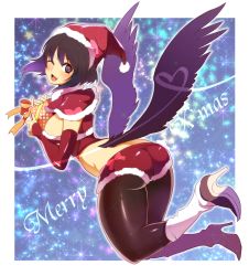 Rule 34 | 1girl, ass, bad id, bad pixiv id, black hair, blush, boots, box, breasts, capelet, christmas, detached sleeves, english text, fang, fangs, female focus, gift, gift box, hat, heart, high heel boots, high heels, holding, large breasts, looking at viewer, merry christmas, midriff, one eye closed, open mouth, pantyhose, red eyes, ribbon, santa costume, santa hat, shameimaru aya, shoes, short hair, short shorts, shorts, smile, solo, thighs, touhou, wadani hitonori, wings, wink