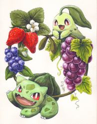 Rule 34 | :d, blueberry, bulbasaur, chikorita, commentary, creatures (company), fangs, food, fruit, game freak, gen 1 pokemon, gen 2 pokemon, grapes, highres, leaf, looking at another, misonikomiii, nintendo, no humans, nostrils, open mouth, plant, pokemon, pokemon (creature), red eyes, sharp teeth, simple background, smile, strawberry, teeth, white background