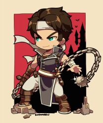 Rule 34 | 1boy, ball and chain (weapon), border, brown footwear, brown gloves, brown hair, castlevania (series), closed mouth, dagger, full body, gloves, green eyes, headband, knife, kotorai, male focus, no nose, pants, richter belmont, signature, single glove, smile, solo, weapon, white border, white headband, white pants