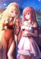Rule 34 | 2girls, alcohol, bare shoulders, blonde hair, blurry, blurry background, breasts, closed mouth, clothing cutout, collarbone, commentary request, commission, cup, depth of field, dress, drinking glass, hair between eyes, high ponytail, highres, holding, holding cup, medium breasts, multiple girls, off-shoulder dress, off shoulder, original, parted bangs, parted lips, pixiv commission, pleated dress, ponytail, purple eyes, purple hair, red dress, red eyes, see-through, shoulder cutout, smile, toshi (1-147), white dress, wine, wine glass