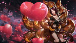 Rule 34 | 10s, 1girl, 2016, ahri (league of legends), alternate costume, animal ears, artist name, blowing kiss, breasts, brown hair, choker, cleavage, clothing cutout, feihong chen, fox tail, foxfire ahri, heart, highres, image sample, league of legends, nail polish, red nails, side cutout, solo, standing, tail, watermark