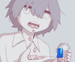 Rule 34 | 1boy, absurdres, avogado6, collared shirt, colored skin, drugs, eating, grey background, grey hair, hair between eyes, highres, holding, jitome, male focus, open mouth, original, pill bottle, shirt, short hair, simple background, solo, translated, white eyes, white shirt, white skin, wing collar