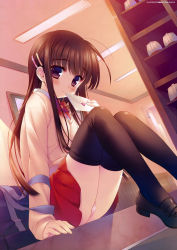 Rule 34 | 1girl, absurdres, black thighhighs, blush, bow, bowtie, brown hair, dutch angle, hair ornament, hairclip, highres, letter, loafers, long hair, looking at viewer, love letter, original, panties, pantyshot, purple eyes, santa matsuri, school uniform, shoes, sitting, skirt, sleeves past wrists, solo, sweater, thighhighs, underwear, upskirt, uwabaki, white panties