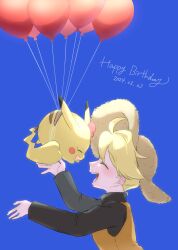 Rule 34 | 1girl, :d, balloon, blonde hair, blue background, closed eyes, commentary request, creatures (company), dated, from side, game freak, gen 1 pokemon, happy, happy birthday, hat, highres, long sleeves, nintendo, open mouth, orange vest, outdoors, pikachu, pokemon, pokemon (creature), pokemon adventures, shirt, short hair, smile, straw hat, teeth, tongue, tsukimi (tkm 516), upper teeth only, vest, yellow (pokemon), yellow headwear
