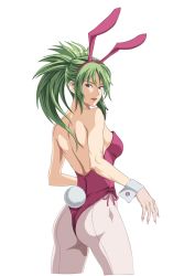 Rule 34 | 1girl, animal ears, ass, bad id, bad pixiv id, breasts, fake animal ears, green hair, large breasts, long hair, looking at viewer, original, pantyhose, playboy bunny, ponytail, purple eyes, rabbit ears, rabbit tail, shanaminami, smile, solo, tail, transparent background, wrist cuffs