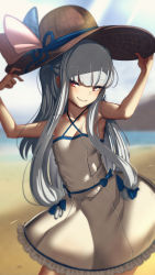 Rule 34 | 1girl, absurdres, at2., bare shoulders, beach, dress, hat, highres, huge filesize, long hair, red eyes, smile, solo, sun hat, white dress, white hair