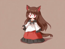 Rule 34 | 1girl, :3, animal ears, arinu, brooch, brown background, brown hair, closed mouth, commentary, dress, frilled dress, frills, full body, imaizumi kagerou, jewelry, long hair, long sleeves, looking at viewer, red dress, red eyes, simple background, smile, solo, standing, symbol-only commentary, tail, touhou, two-tone dress, white dress, wide sleeves, wolf ears, wolf tail