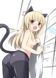 Rule 34 | 1girl, anger vein, angry, animal ears, ass, bad id, bad pixiv id, black pantyhose, blonde hair, blush, breasts, cat ears, cat tail, covering privates, covering breasts, fang, fudama, long hair, no eyewear, open mouth, panties, panties under pantyhose, pantyhose, perrine h. clostermann, solo, strike witches, tail, topless, underwear, world witches series, yellow eyes