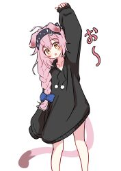 1girl :o absurdres ahoge animal_ears arknights arm_up barurun_pen black_hairband black_hoodie blue_bow blush bow braid cat_ears cat_tail collarbone commentary_request drawstring goldenglow_(arknights) hair_bow hairband highres hood hood_down hoodie lightning_bolt_symbol long_hair long_sleeves looking_at_viewer open_mouth pink_hair simple_background single_braid sleeves_past_wrists solo standing tail tassel white_background yellow_eyes