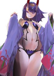 Rule 34 | 1girl, bare shoulders, breasts, eyeliner, fate/grand order, fate (series), hair ornament, highres, horns, japanese clothes, kimono, kiriyama, makeup, navel, oni, open clothes, open kimono, purple eyes, purple hair, red eyes, revealing clothes, short hair, shuten douji (fate), simple background, sleeves past wrists, solo, stomach, thighs, white background