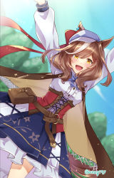 Rule 34 | 1girl, absurdres, animal ears, arms up, belt pouch, blurry, blurry background, blush, brown hair, commentary request, hair ornament, hairclip, highres, horse ears, horse girl, horse tail, looking at viewer, matikane tannhauser (umamusume), pouch, ribbon, sky, sodemaru unagi, solo, tail, twitter username, umamusume, yellow eyes