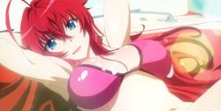 Rule 34 | 1girl, ahoge, armpits, bikini, blue eyes, breasts, car, cleavage, high school dxd, high school dxd hero, highres, large breasts, long hair, lying, motor vehicle, navel, parted lips, pink bikini, red hair, rias gremory, screencap, smile, stitched, stomach, swimsuit, third-party edit, upper body, very long hair