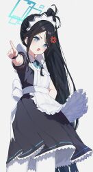 Rule 34 | 1girl, absurdres, anger vein, angry, apron, aris (blue archive), aris (maid) (blue archive), black dress, black hair, blue archive, blue eyes, blue halo, bright pupils, commentary, dress, dunggeul dunggeul, frilled apron, frills, halo, hand on own hip, hand up, highres, long hair, maid apron, maid headdress, pantyhose, pointing, pointing at viewer, short sleeves, side ponytail, simple background, solo, swept bangs, symbol-only commentary, v-shaped eyebrows, very long hair, white background, white pantyhose, white pupils