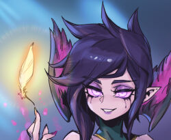 Rule 34 | 1girl, blue background, feathers, glowing, glowing eyes, grin, hand up, head wings, league of legends, morgana (league of legends), multicolored hair, nail polish, phantom ix row, pink eyes, pink nails, pointy ears, portrait, purple hair, short hair, smile, solo, teeth, two-tone hair, wings