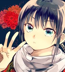 Rule 34 | 1girl, asako (itiba), black hair, green eyes, kingdom (series), kyoukai (kingdom), long hair, ponytail, portrait, scarf, solo, w