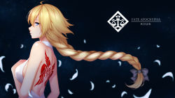 Rule 34 | ahoge, back tattoo, backless dress, backless outfit, bad id, bad pixiv id, bare arms, bare shoulders, black background, black bow, blonde hair, blue eyes, bow, braid, breasts, character name, closed mouth, copyright name, dress, fate/apocrypha, fate (series), foreshortening, from side, hair between eyes, hair bow, halterneck, hand on own chest, highres, jeanne d&#039;arc (fate), jeanne d&#039;arc (girl from orleans) (fate), jeanne d&#039;arc (ruler) (fate), light smile, long hair, looking at viewer, looking to the side, medium breasts, petals, profile, scal2let, simple background, single braid, sleeveless, sleeveless dress, solo, tattoo, upper body, very long hair, white dress