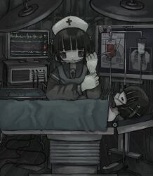 Rule 34 | 2girls, black eyes, black hair, black serafuku, blood, blood bag, blunt bangs, cable, cardiogram, clone, closed eyes, closed mouth, colored skin, cross, cross print, expressionless, glove pull, gloves, grey skin, hair bobbles, hair ornament, hat, highres, holding scalpel, imo (imoknol), indoors, intravenous drip, iv stand, japanese saw, latin cross, long sleeves, looking at another, looking down, lying, mask, mask pull, mouth mask, multiple girls, nurse cap, on back, operating table, original, oxygen mask, profile, saw, school uniform, serafuku, standing, surgery, surgical light, surgical mask, table, two side up, unconscious, white gloves, x-ray film
